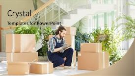  Presentation with moving writing - Cool new slides with handsome young male moving company backdrop and a mint green colored foreground