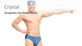  Presentation with swimmer - Amazing PPT layouts having handsome young male swimmer pointing right with his hand isolated on white background backdrop and a sky blue colored foreground