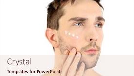  Presentation with lotion - Theme with handsome young man applying cream lotion on face isolated on white background and a lemonade colored foreground