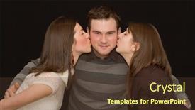  Presentation with young man holdng laptop on lap money - Presentation with handsome-young-man-being-kissed background and a tawny brown colored foreground