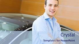  Presentation with salon - PPT layouts enhanced with handsome young man consultant at car salon standing near car background and a sky blue colored foreground
