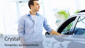  Presentation with salon - Presentation theme enhanced with handsome young man consultant at car salon standing near car background and a light blue colored foreground