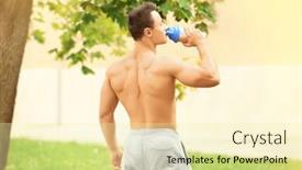  Presentation with protein shake - Colorful slide set enhanced with handsome young man drinking protein shake outdoors backdrop and a blonde colored foreground