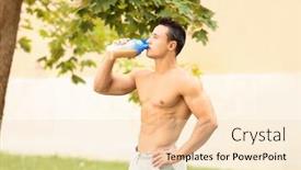  Presentation with protein shake - Slide deck having handsome young man drinking protein shake outdoors background and a lemonade colored foreground