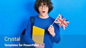  Presentation with student exchange - Colorful presentation design enhanced with handsome-young-man-exchange-student backdrop and a ocean colored foreground