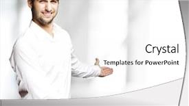  Presentation with welcome - Slide deck enhanced with handsome young man gesturing welcome background and a white colored foreground