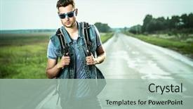  Presentation with adventure - Theme having handsome young man hitchhiker standing on a highway adventure and tourism concept jeans style background and a mint green colored foreground