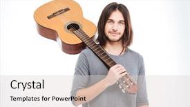  Presentation with guitar - Beautiful slides featuring handsome young man holding guitar on his shoulder over white background backdrop and a light gray colored foreground