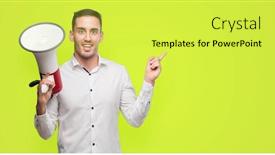  Presentation with microphone - Cool new PPT layouts with handsome young man holding microphone very happy pointing with hand and finger to the side backdrop and a yellow colored foreground