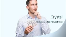  Presentation with money - Colorful presentation design enhanced with handsome young man holding money backdrop and a  colored foreground