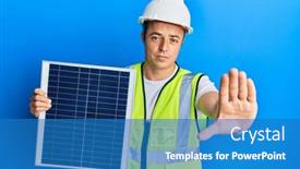  Presentation with photovoltaic - Slide deck with handsome-young-man-holding-photovoltaic background and a teal colored foreground