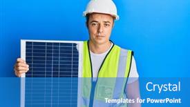  Presentation with photovoltaic - Beautiful slide set featuring handsome-young-man-holding-photovoltaic backdrop and a teal colored foreground