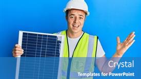  Presentation with photovoltaic - Colorful PPT theme enhanced with handsome-young-man-holding-photovoltaic backdrop and a teal colored foreground