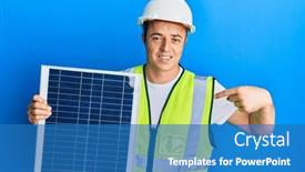  Presentation with solar panel - Presentation design consisting of handsome-young-man-holding-photovoltaic background and a teal colored foreground