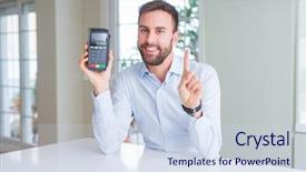  Presentation with point of sale system - Theme enhanced with handsome young man holding point background and a sky blue colored foreground