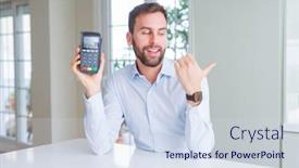  Presentation with terminal - Slide set featuring handsome young man holding point of sale terminal pointing and showing with thumb up to the side with happy face smiling background and a sky blue colored foreground