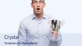  Presentation with trophy award hand holding - Audience pleasing slide deck consisting of handsome young man holding trophy backdrop and a light blue colored foreground