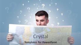  Presentation with question marks - Presentation design enhanced with handsome young man holding a map with white question marks above his head background and a lemonade colored foreground