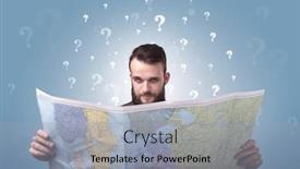  Presentation with question marks - Amazing presentation design having handsome young man holding a map with white question marks above his head backdrop and a light gray colored foreground