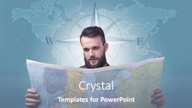  Presentation with compass map - Cool new theme with handsome young man holding a map with a world map and a compass behind him backdrop and a light blue colored foreground