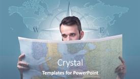  Presentation with compass map - Presentation design consisting of handsome young man holding a map with a world map and a compass behind him background and a light blue colored foreground