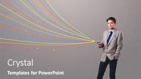  Presentation with man holding phone - Presentation design having handsome young man holding a phone with colorful abstract lines background and a gray colored foreground