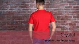  Presentation with red brick wall - Colorful theme enhanced with handsome young man in blank red t-shirt standing against brick wall backdrop and a violet colored foreground