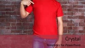  Presentation with red brick wall - Slides featuring handsome young man in blank red t-shirt standing against brick wall close up background and a red colored foreground