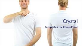  Presentation with young man on the phone - Beautiful presentation design featuring handsome young man in t-shirt isolated on white backdrop and a sky blue colored foreground