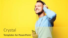  Presentation with yellow music - Slide set featuring handsome young man lictening to music over yellow background background and a yellow colored foreground
