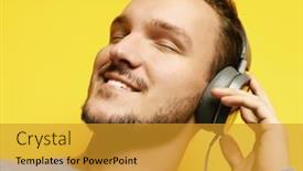  Presentation with yellow music - Beautiful slide deck featuring handsome young man lictening to music over yellow background backdrop and a gold colored foreground