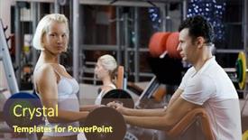 Presentation with lifting weights - Beautiful presentation theme featuring handsome young man lifting weights assisted by a female trainer backdrop and a tawny brown colored foreground