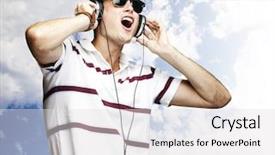  Presentation with old wite man and his music - Slide set featuring handsome young man listening music background and a light gray colored foreground