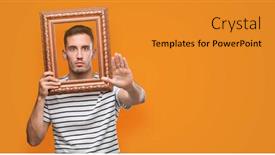  Presentation with vintage art - Cool new PPT theme with handsome young man looking through vintage art frame with open hand doing stop sign with serious and confident expression defense gesture backdrop and a gold colored foreground