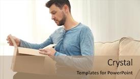  Presentation with box - Slides having handsome young man opening box background and a coral colored foreground