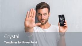  Presentation with broken wall - Cool new presentation theme with handsome young man over grey grunge wall showing broken smartphone screen with open hand doing stop sign with serious and confident expression defense gesture backdrop and a gray colored foreground