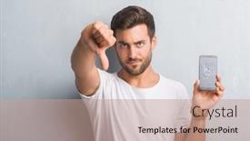  Presentation with broken wall - Slides featuring handsome young man over grey grunge wall showing broken smartphone screen with angry face negative sign showing dislike with thumbs down rejection concept background and a coral colored foreground