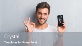  Presentation with broken wall - PPT layouts consisting of handsome young man over grey grunge wall showing broken smartphone screen doing ok sign with fingers excellent symbol background and a gray colored foreground