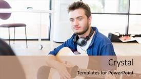  Presentation with acoustic - Beautiful PPT theme featuring handsome young man playing acoustic guitar backdrop and a coral colored foreground