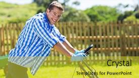  Presentation with home garden - Presentation theme enhanced with handsome young man pushing lawnmower background and a yellow colored foreground