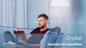  Presentation with reading - PPT theme with handsome-young-man-reading-book background and a teal colored foreground