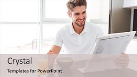  Presentation with gold man smile - Presentation theme having handsome young man reading newspaper background and a light gray colored foreground