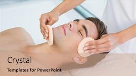  Presentation with face massage spa skin - Colorful slide deck enhanced with handsome young man receiving facial backdrop and a coral colored foreground