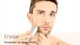  Presentation with shaving - Theme consisting of handsome young man shaving his beard isolated on white background and a lemonade colored foreground