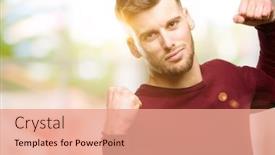  Presentation with good life - Theme consisting of handsome young man showing biceps expressing strength and gym concept healthy life its good background and a coral colored foreground