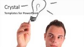  Presentation with sketching - Presentation design having handsome young man sketching a stylized light bulb all on white background background and a white colored foreground