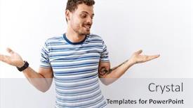  Presentation with comparison - PPT theme with handsome-young-man-standing-over background and a  colored foreground