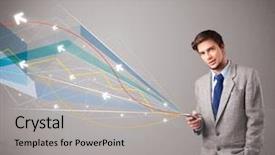  Presentation with man holding phone - PPT theme having phone with colorful abstract arrows background and a light gray colored foreground