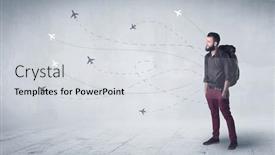  Presentation with standing on scooter - PPT theme enhanced with travel itinerary - handsome young man standing background and a light gray colored foreground