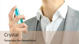  Presentation with perfume - Beautiful presentation theme featuring close up portrait of two handsome caucasian men talking on phone at workplace backdrop and a light gray colored foreground.